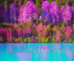 fairies in a magic pink forest with purple and pink trees, pink and blue and yellow flowers and around a turquoise lake, a blue sky and sunlight