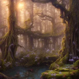 high-quality, fine-detail beautiful, breath-taking forest with gnarled trees, flowers, clear reflective lake, tranquil, stunning, 8k resolution, intricate, digital art, detailed matte, volumetric lighting, George Grie, Anne Dittman, Anne Stokes, Lisa Parker, Selina French, Alphonse Mucha