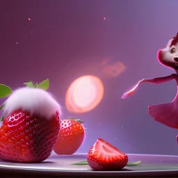 pixar style, volumetric pink sky environment and background, volumetric lighting, dramatic lighting, realistic painting of an strawberry and a beautiful woman eating marmelade, looking friendly, detailed digital painting, extreme dense and fine fur, anime, ornate, colour-washed colors, elegant, small minutiae, tiny features, particulars, centered, smooth, sharp focus, renderman gofur render, 8k, uhd, detailed eyes, realistic shaded volumetric lighting, caustics, backlight