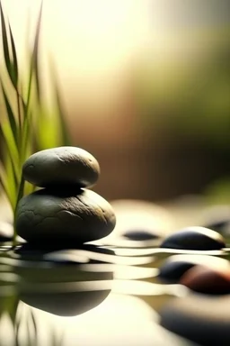 delicate background with spa stones and a bamboo stem, on a blurred background on the stones, abstract silhouette meditation on the stones, photorealistic photo