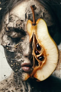 Grunge, woman as a decaying dried out Pear intricately showing its internal structure and seeds, cyberpunk, ultra unique natural textures, slight imperfections, vray.