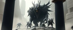 bad ass Owlbears medusa overlord with some kobolds, hyperrealism, motion blur background with black stone pillars as frame