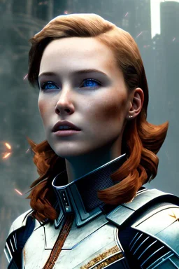 ultrarealistic, ruined city,__skimpy N7 armor__, no star, __angles__, 18 year old woman, strikingly beautiful,ginger hair, _colour_, [__starlets__|__starlets__], (pale __skincolor__ skin:1.2), __camera__, _hair_, detailed face and eyes, medium breasts, sci-fi theme, freckles, dynamic pose, resolved expression, __accessory__, strappy outfit, (straps:1.1), sword in scabbard on left hip, (buckles, buttons, snaps, rings:1.0), haltertop style breastplate, detailed eyes, plump lips