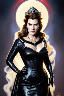 painting of kate winslet as evil queen in black leather gown, feminie, angry, stern look on her face, volouptous, busty, cleavage, emperious, mature, highly detailed, digital painting, artstation, concept art, smooth, sharp focus, illustration, art by gaston bussiere and alphonse mucha