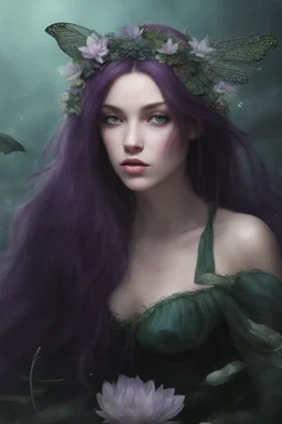 Dark green hair Water lilies long hair lotus night Fairy princess rapunzel hair queen crown dragonflies fireflies elven tiara flowers fairy wings gothic purple