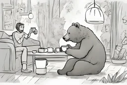 Bear drinking coffee with human friends