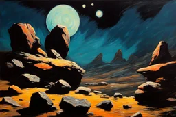 Rocks, night, 2000's sci-fi movies influence, otto pippel impressionism painting