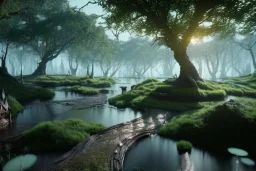 Immersive​ fantasy elven city in the deep forest with ancient elder tree beautiful nature river 4k full hd