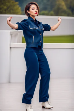 beautiful lady with short hair ,classic jacket and panta stand full body pose pretty boots ,simple background