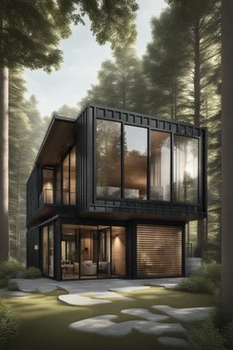 large house in the woods made from shipping containers, photorealistic