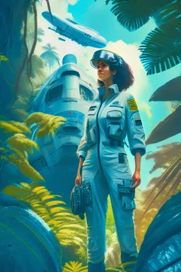 woman wearing a boiler suit, standing next to a spaceship, in a jungle clearing, with a blue sky