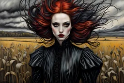 Andrea Kowch , surrealistic Vogue style, ink oil fashion illustration, (full body, close up, shot:1.6), avant garde haute couture, vampire girl with highly defined hair and facial features, black mascara, broad brushstrokes, energetic, highly detailed, boldly inked, vivid chromatic color, ethereal, otherworldly