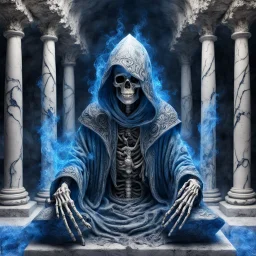 hooded skeleton wizard made of marble and glass, covered in ink, greek pillars, mystical cave with blue fire, magical floating, blue particles, professional Photography, Fantasy Background, Intricate Patterns, Ultra Detailed, Luminous, Radiance, beautiful, high contrast, vibrant colors, Ultra Realism, Complex Details, Intricate Details, 16k, HDR, High Quality, Trending On Artstation, Sharp Focus, Studio Photo,