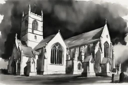 an English church in black and white wet watercolour
