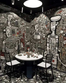 A dark warm gray pixelated pasta restaurant painted by Jean Dubuffet