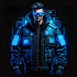 combat jacket, black background, blue, cyberpunk style, video game icon