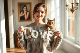 sign "LOVE" on a knitted pullover, photorealistic portrait of an elegant pretty young woman shows off a knitted sweater in an elegant beige-white-brown room S<AI in sunshine, cute tabby cat