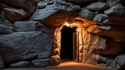 huge illuminated doorway in a rock wall in the side of the mountain