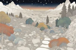 Dry colors, peaceful, Egon Schiele, Max Ernst, night sky filled with galaxies and stars, rocks, trees, flowers, one-line drawing, sharp focus, 8k, deep 3d field, intricate, ornate, one million strokes, colored