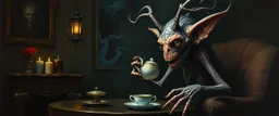 master oil painting by Rembrandt, good afternoon gremlin hairy wraith luxury blessed Fathomlurker drinking tea in parlor "An abyssal creature with translucent skin revealing writhing organs, many spindly legs and elongated fingers, eyes like lanterns scattered across its body, tentacles that ripple silently, lurking in black depths, almost invisible, emitting an eerie blue glow."
