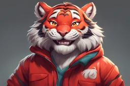 a cartoon tiger wearing a red jacket and smiling, a character portrait by Lan Ying, Artstation, furry art, artstation hd, official art, character