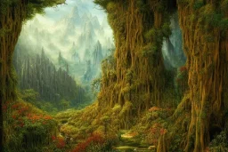 A beautiful and highly detailed oil painting of a secret valley deep in the mountains, ancient trees, lush plant growth, tall grass, flowers, intricate details, epic scale, insanely complex, rivendell, 8 k, sharp focus, hyper realism, fantasy landscape, psychedelic, by caspar friedrich and brian froud