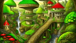 Gigantic mushroom village with balconies, archways, stairs, bridges, bushes, spanish moss, ivy, river, a winding pathway through the middle, in a valley