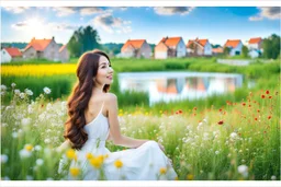 Young woman in flower field in country side ,river, houses,blue sky ,nice clouds,god rays