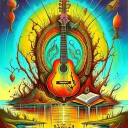 magical portal coming from a guitar, musical world of artistic anthropomorphic music notes and scales, neo surrealism, by Gerald Scarfe, by Shaun Tan, fantastical splash art, alcohol oil painting, glowing colors, whimsical.