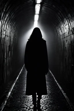 a woman silhouette in metro tunnel, dark shadows the walls, the heart ached with fear and sadness, for knows what the end, sinister, etheral, fog, dark mistic mood