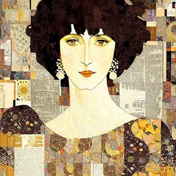 paper collage of a portrait, newspaper pages and wallpaper, background patterned wallpaper, by artist "Gustav Klimt"