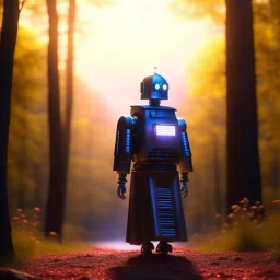 clairvoyant robot in robes, on a mission through the seasons, hills and trees, motion blur, 8k, downlight, soft light, depth of field, photorealism, trending on art station, lotsa detail