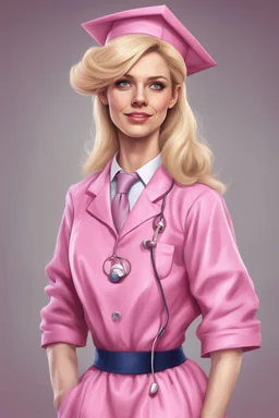 Een dom blondje die haar dokterdiploma heeft gekregen dankzij CHATGPT. Straalt domheid uit. Haar graduation outfit is volledig roze. Karikaturaal, carnavalesk, er zijn dokterattributen, denk legally blind en greys anantomy Dokter moet duidelijk zijn. Ze is lelijk, veel koninklijker, grootser, giganttisch, echt carnaval