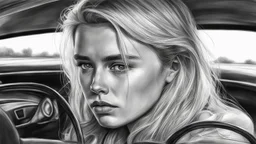 Black and white pencil sketch of a sad blonde driving a car, tears, photorealism, 3d, 64k, high resolution, hyperrealism, f/16, 1/300s.