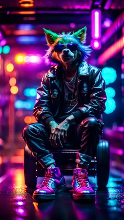 tap dancer, spot lights, jail break, portrait of slick lord water wolf Gremlin myth buster pimp ninja cyber punk sitting on a hipster car parked in dark neon lit reflective wet arcade hall tunnel,bokeh like f/0.8, tilt-shift lens 8k, high detail, smooth render, down-light, unreal engine, prize winning