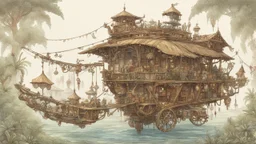 steampunk gipsy caravan crossed with a boat flying high over a jungle with platforms, verandas, and people, intricate