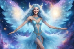 A beauty Fairy women with long lightblue hairy and Crystal wings . She has a beautiful eyes and a sweety elegant Smile. She Is a magic sacred dancer in cosmic ceremony..the background Is a magic coloured bright galaxy, with stars. We can see her total body dancing in the galaxy.
