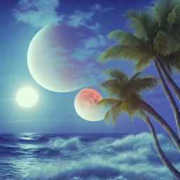 1980's vaporwave aesthetic palm trees with lightning with lunar eclipse moon crescent in the ocean waves sunset