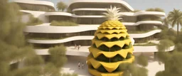 A tourist resort in the shape of a pineapple, interior design, facade