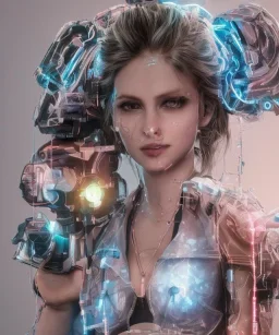 Artist, young madonna, android woman, glow iris, piercings, sweet, gringer, white skin, long eyeliner, glow pink cheeks, glossy lips, color leds lights, cables, short hair, circuits, cyberpunk, latex coat, cyber punk, neon, portrait, studio photo, unreal engine 5, soft color, 16 bit, god lights, ray tracing, RTX, lumen lighting, ultra deatail, volumetric lighting, 3d, finely drawn, hd.