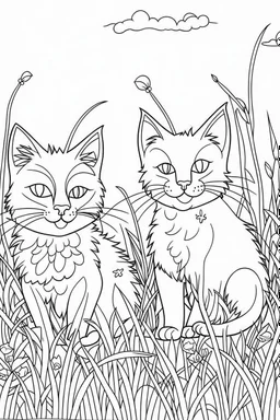 coloring page for kids, Cats in the grass, cartoon style, thick lines, low detail, no shading