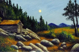 Night, moon, cabin, trees, rocks, pathway, grass, distant mountains, distant trees, impressionism painting