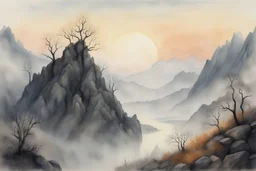 Artesonraju mountain, Sunrise on a misty morning. in the hieght of fall. Watercolour by Alison Brady. Pastel colours Arthur Rackham Gothic Watercolour Jean-Baptiste Monge Ernst Haeckel Minimalist Kay Sage watercolour art