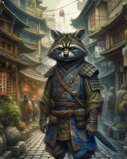 highly detailed concept illustration of an alternate reality ancient China samurai racoon wanderer in a street, maximalist, highest resolution, Masahiro Ito, boldly inked, 8k, coarse, gritty textures