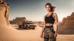 beautiful slender caucasian female technician, black tank top, well toned muscles, weathered face, scratched sand camo metal details, short brunette wavy bob haircut, dystopian, desert scene, using a handheld sensor