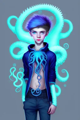 16 year old boy warlock with milky blue eyes, and fanged tentacle growing out of his belly. in the style o Dr. Seuss