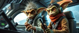 portrait of researcher slender alien rich troglodyte hill billy fluffy captain pilot focus controlling flight stick in deep action, gremlin cyber punk with two crew members, in sci fi air ship waiting hall, in future dynasty