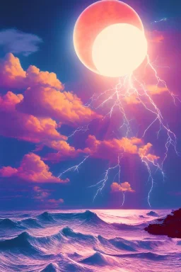 1980's vaporwave aesthetic palm trees with lightning with solar eclipse in the ocean waves sunset