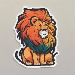 A sticker design in a minimalistic style featuring a caricature lion in vivid colors. The subject is presented alone on a neutral background.