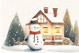 Christmas illustration, whimsical, detailed, warm colors, grainy texture, subject: snowman in a snowy garden, house with lights, white background